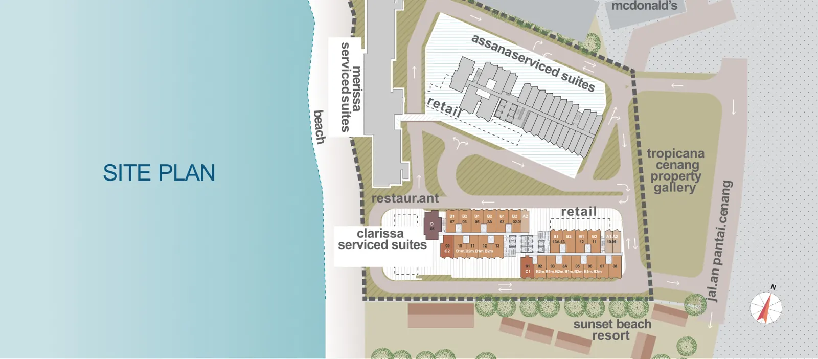 Clarissa Langkawi site plan showing Clarissa serviced suites, retail, Assana and Merissa serviced suites and the beach