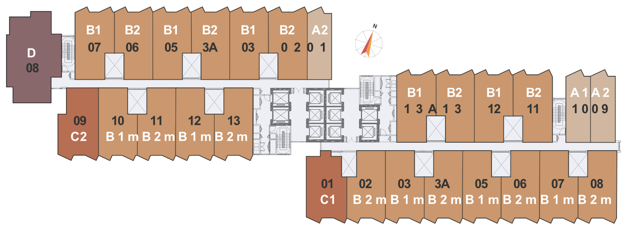 Clarissa Langkawi typical floor key plan — Type A1/A2, B1/B1m, B2/B2m, C1, C2 and D units marked around the lift core