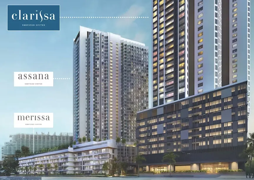 Clarissa, Assana and Merissa serviced suites labelled on the beachfront elevation at Pantai Cenang, Langkawi