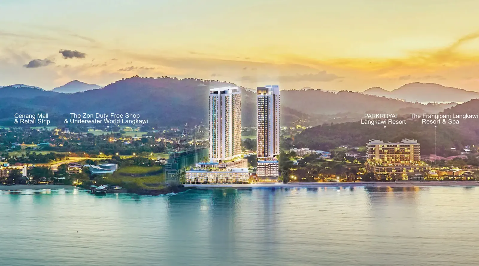 Aerial view of Clarissa Langkawi at sunset with Cenang Mall, The Zon Duty Free Shop, Underwater World Langkawi, PARKROYAL Langkawi Resort and The Frangipani Langkawi Resort & Spa marked