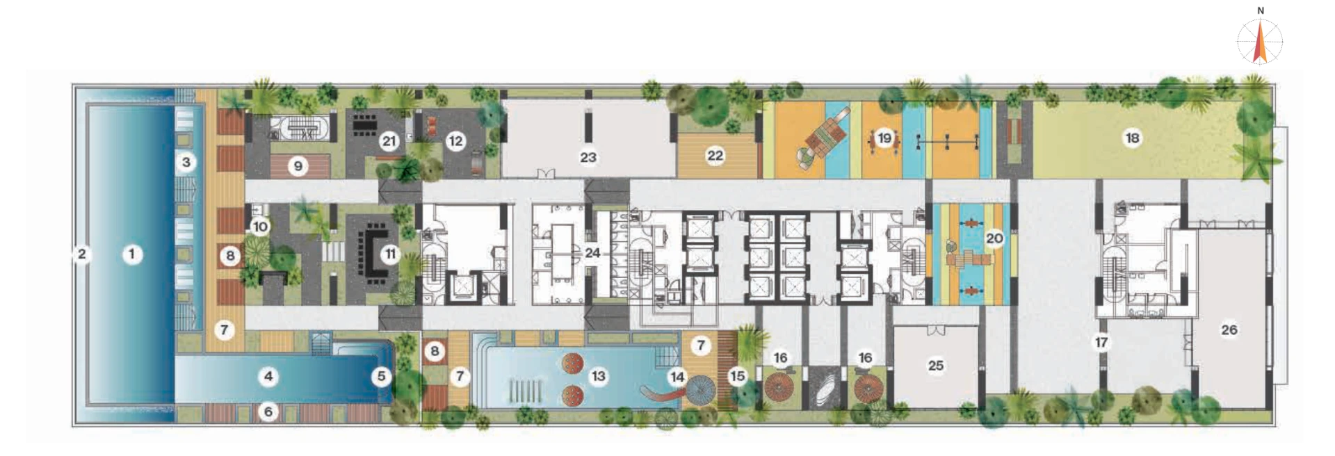 Clarissa Langkawi facility plan — swimming pool, fun pool, jacuzzi, kids water play, playground, BBQ terrace, gym, games room and multipurpose room